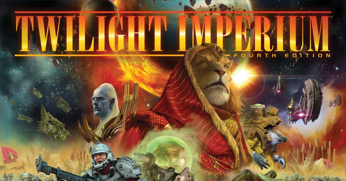 Box art for Twilight Imperium Fourth Edition showing a sprawling galactic conflict
