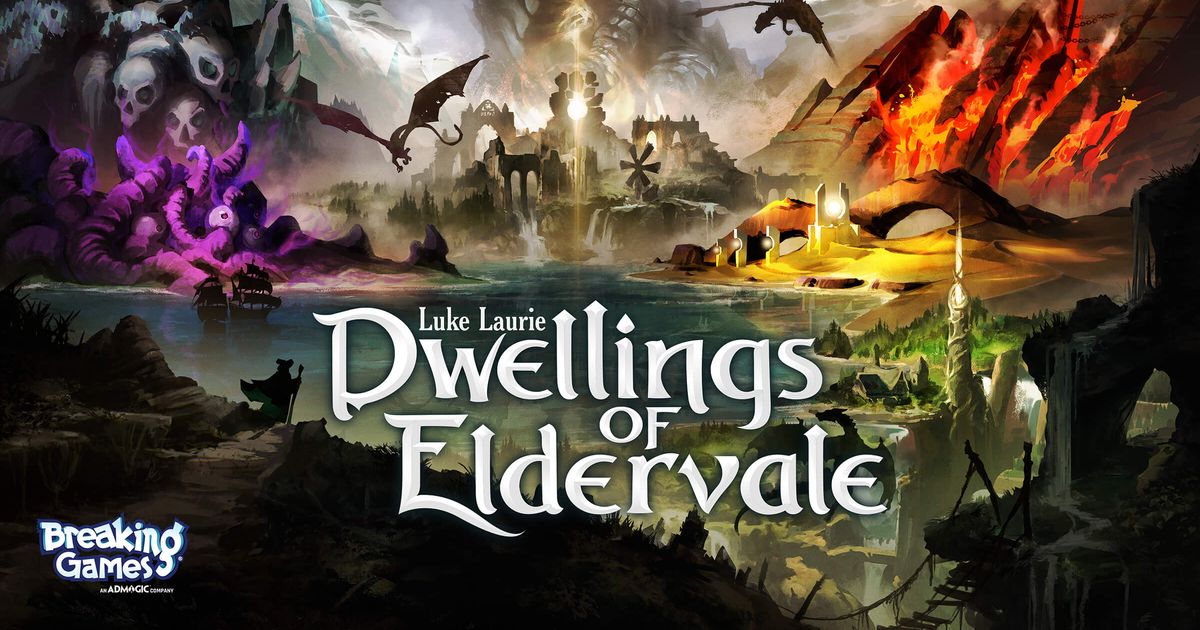 Box art for Dwellings of Eldervale showing a fantasy landscape with dragons and elemental terrain