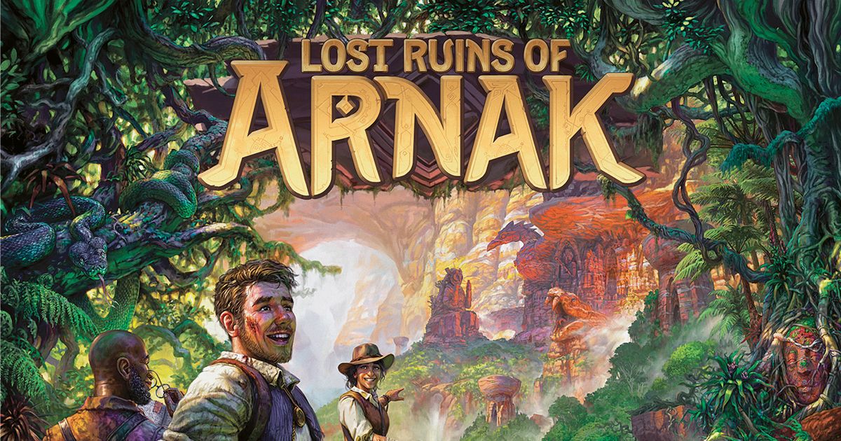 Box art for Lost Ruins of Arnak showing explorers uncovering an ancient island temple